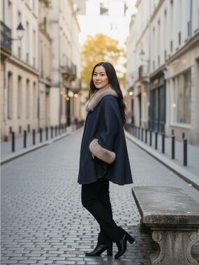 Elegant Navy Maison Lurex Cape with Faux Fur Trim and metallic threading